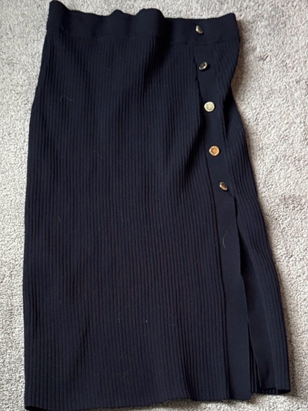 Andrew Marc Black Ribbed Knit Skirt with Button Trim